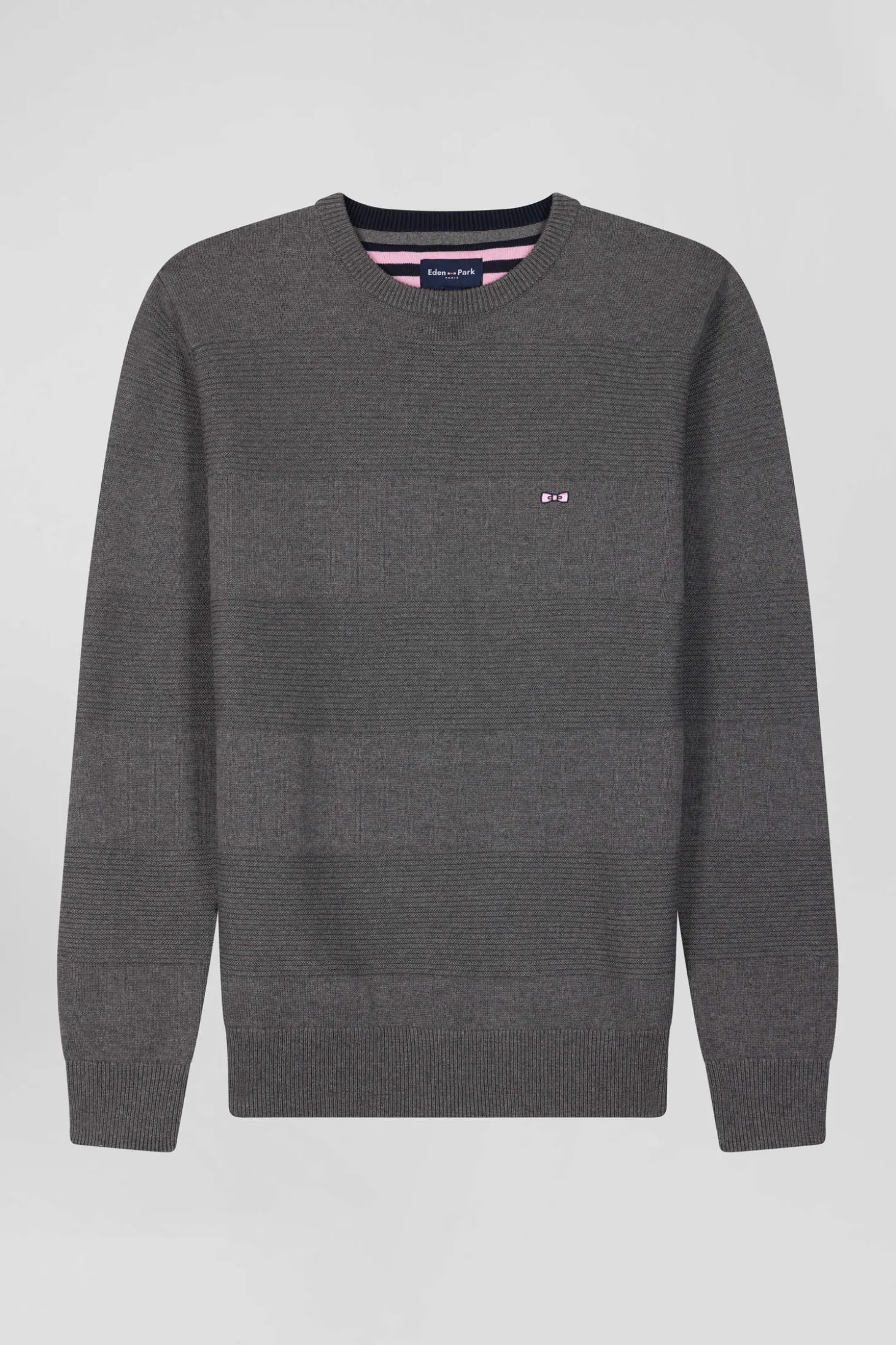 Pull col rond en coton gris à jeux de maille coupe Regular