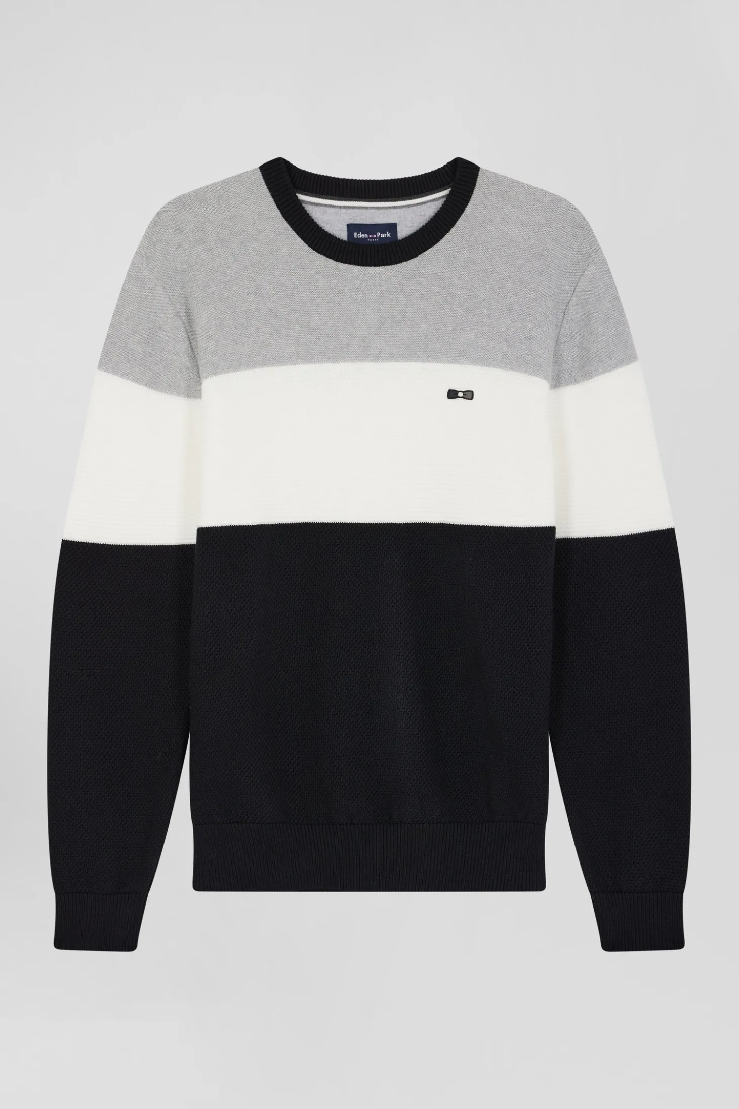 Pull col rond en coton gris et blanc à jeux de maille coupe Regular