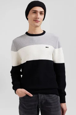 Pull col rond en coton gris et blanc à jeux de maille coupe Regular