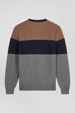 Pull col rond en coton gris et camel à jeux de maille coupe Regular