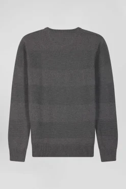 Pull col rond en coton gris à jeux de maille coupe Regular