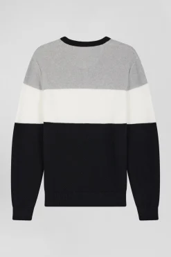 Pull col rond en coton gris et blanc à jeux de maille coupe Regular
