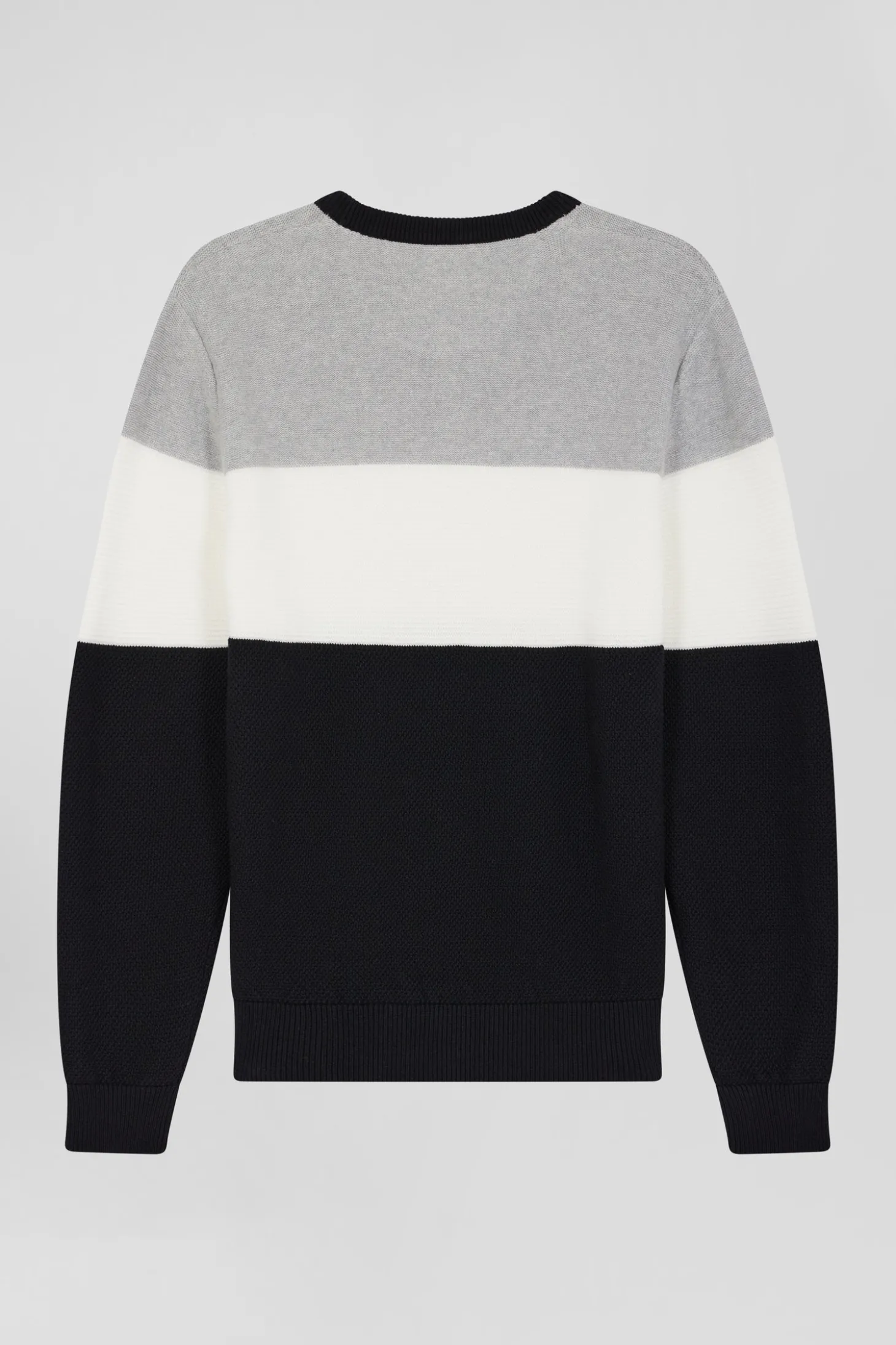 Pull col rond en coton gris et blanc à jeux de maille coupe Regular