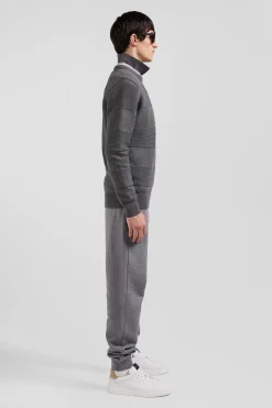 Pull col rond en coton gris à jeux de maille coupe Regular