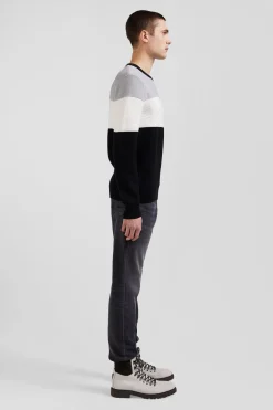 Pull col rond en coton gris et blanc à jeux de maille coupe Regular