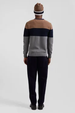 Pull col rond en coton gris et camel à jeux de maille coupe Regular
