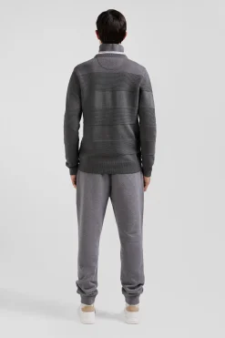 Pull col rond en coton gris à jeux de maille coupe Regular
