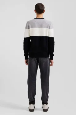 Pull col rond en coton gris et blanc à jeux de maille coupe Regular