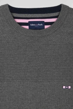 Pull col rond en coton gris à jeux de maille coupe Regular