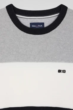 Pull col rond en coton gris et blanc à jeux de maille coupe Regular