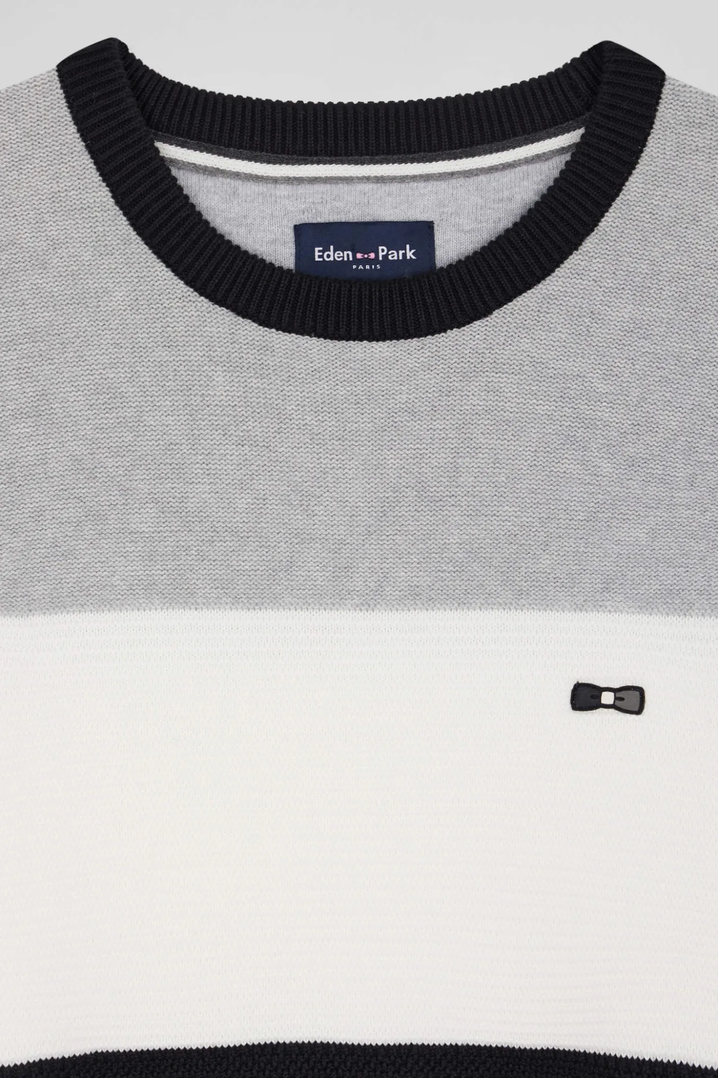 Pull col rond en coton gris et blanc à jeux de maille coupe Regular