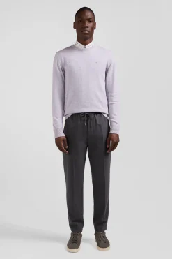 Pull col rond en laine et coton gris coupe Regular