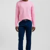 Pull col rond en laine et coton rose coupe Regular effet micro nœud papillon