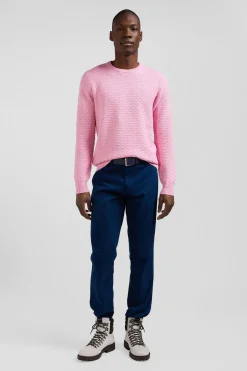 Pull col rond en laine et coton rose coupe Regular effet micro nœud papillon