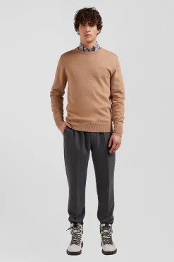 Pull col rond en laine et coton camel coupe Regular