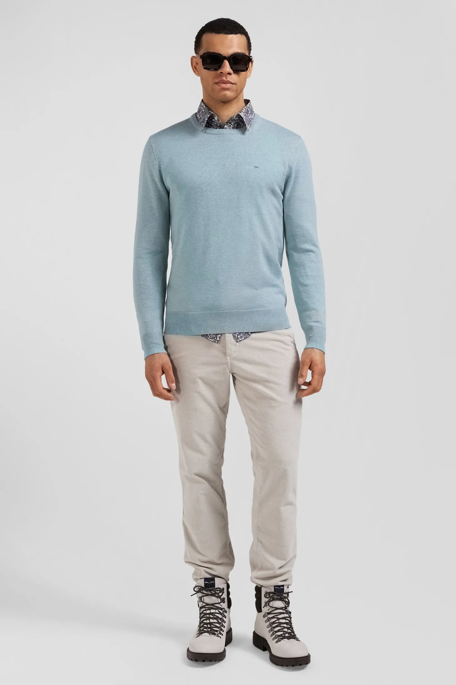 Pull col rond en laine et coton vert coupe Regular