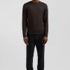 Pull col rond en laine et coton brun coupe Regular