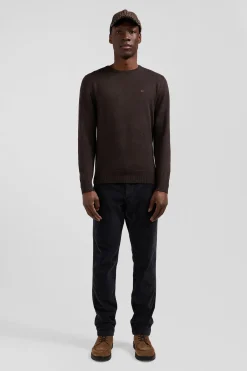 Pull col rond en laine et coton brun coupe Regular