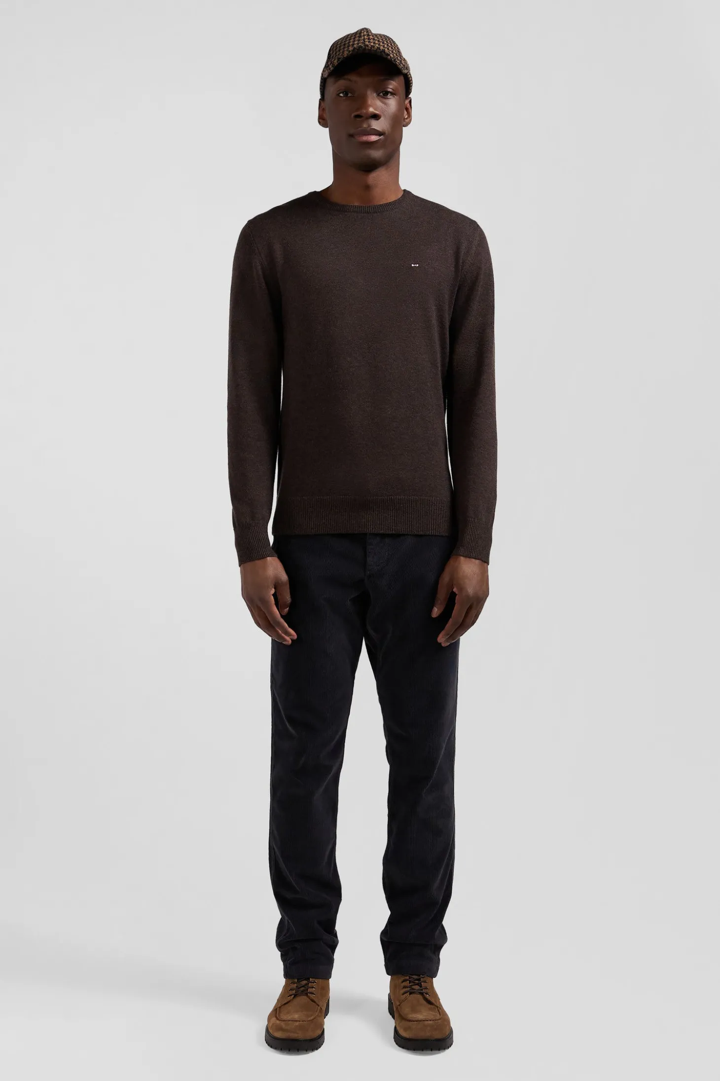 Pull col rond en laine et coton brun coupe Regular