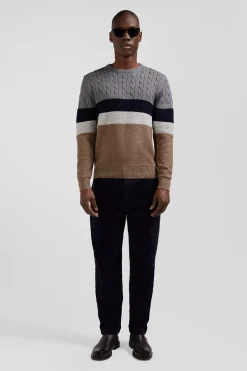 Pull col rond en laine et coton marron à jeux de maille coupe Regular
