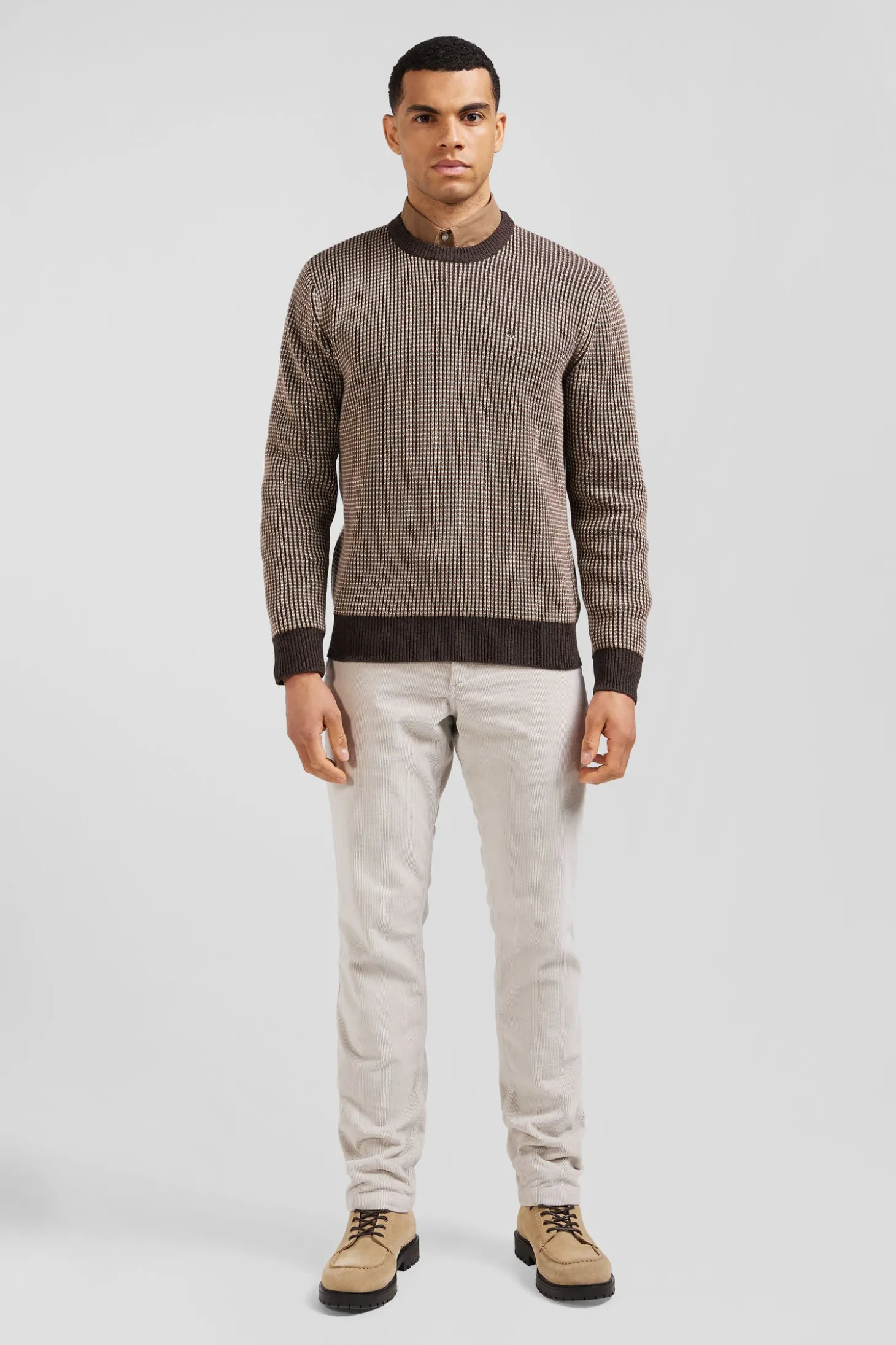 Pull col rond en laine et coton marron coupe Regular