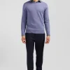 Pull col rond en laine et coton bleu clair coupe Regular