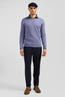 Pull col rond en laine et coton bleu clair coupe Regular