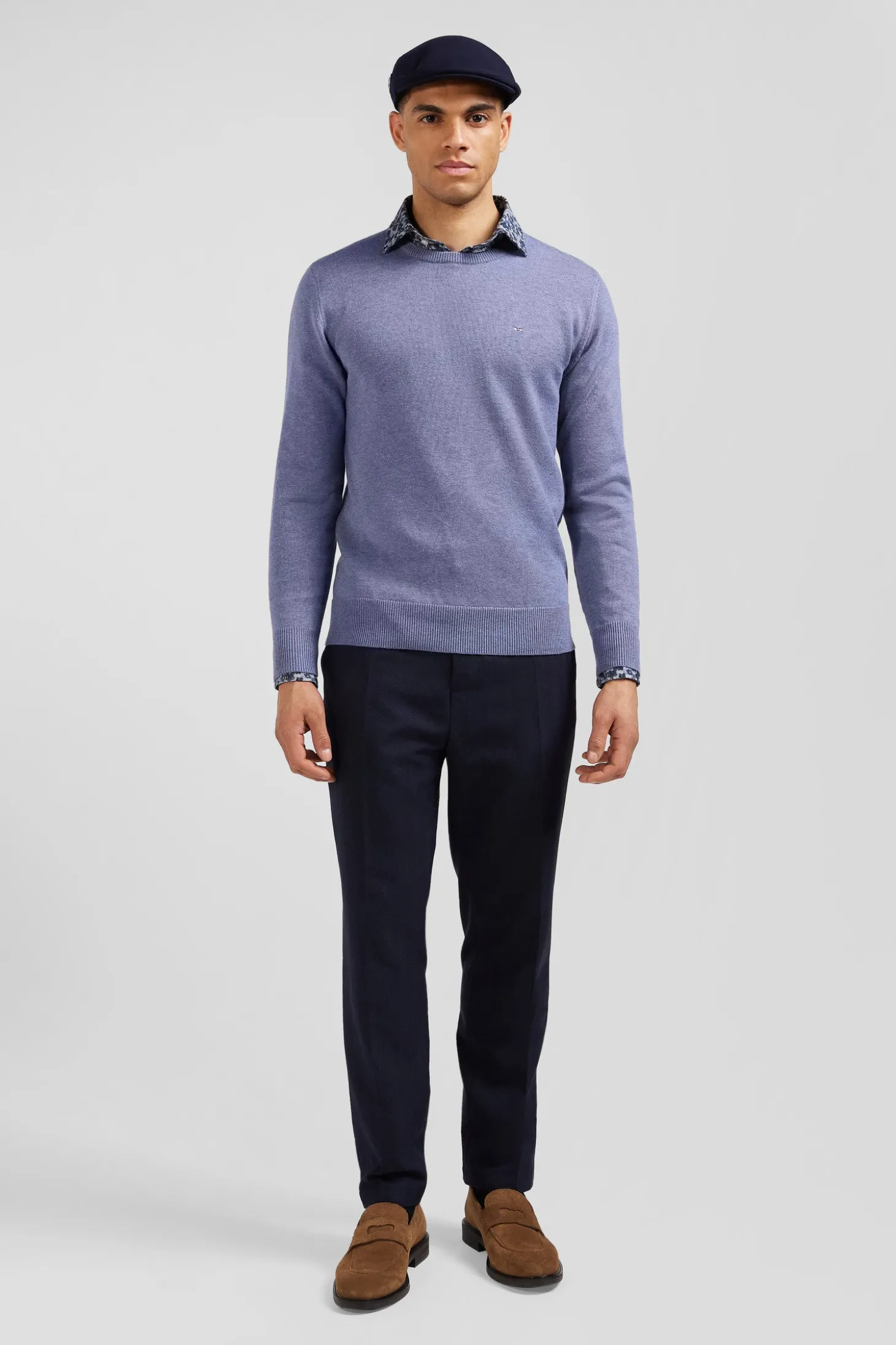 Pull col rond en laine et coton bleu clair coupe Regular