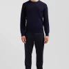 Pull col rond en laine et coton bleu marine coupe Regular effet micro nœud papillon