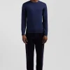 Pull col rond en laine et coton bleu foncé coupe Regular