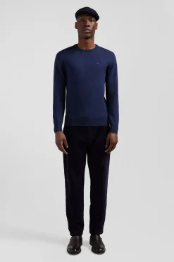 Pull col rond en laine et coton bleu foncé coupe Regular