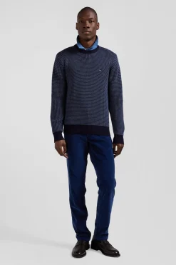 Pull col rond en laine et coton bleu marine coupe Regular