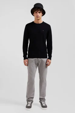 Pull col rond en laine et coton noir coupe Regular