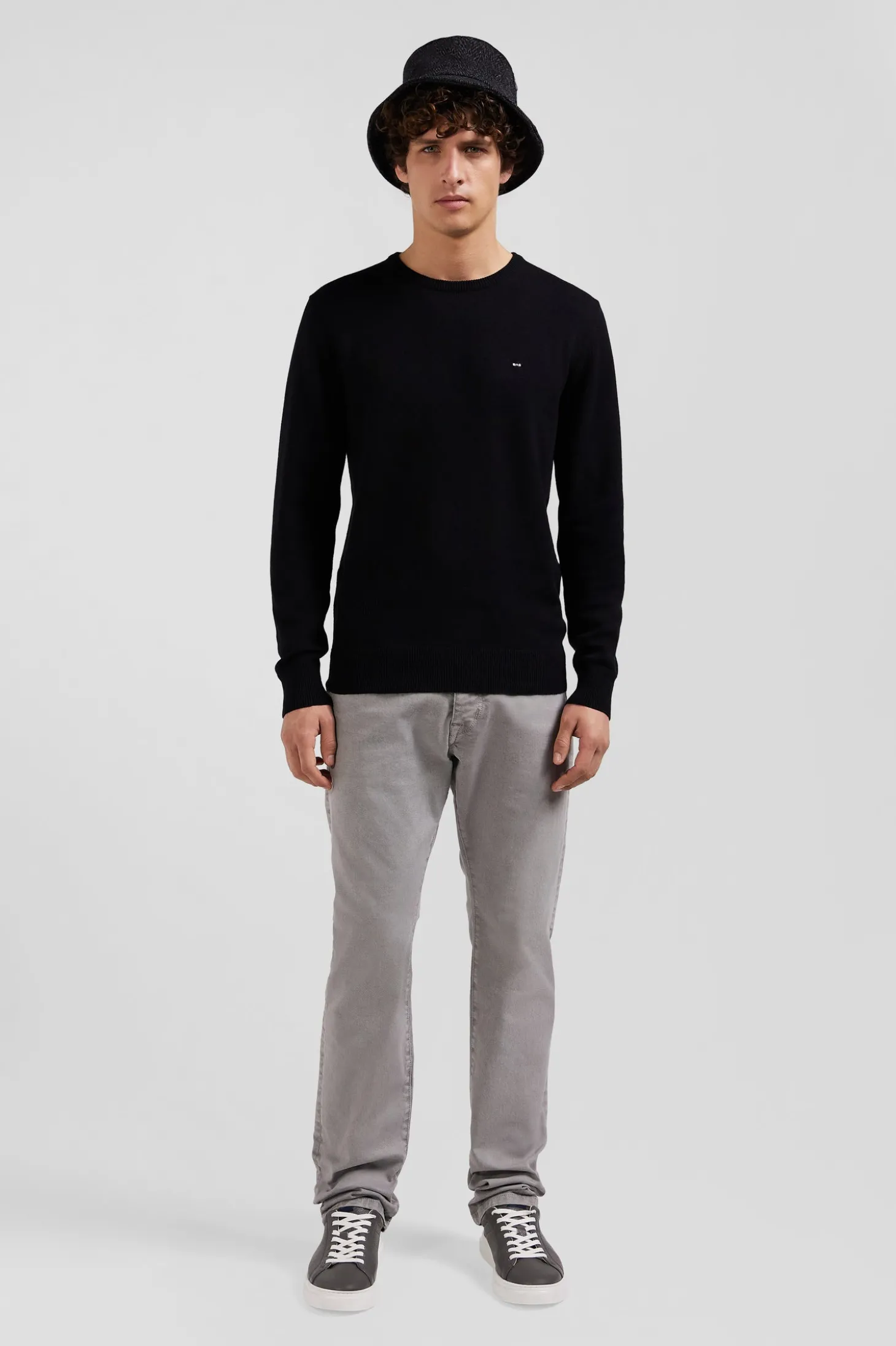 Pull col rond en laine et coton noir coupe Regular