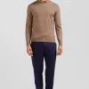Pull col rond en laine et coton marron coupe Regular