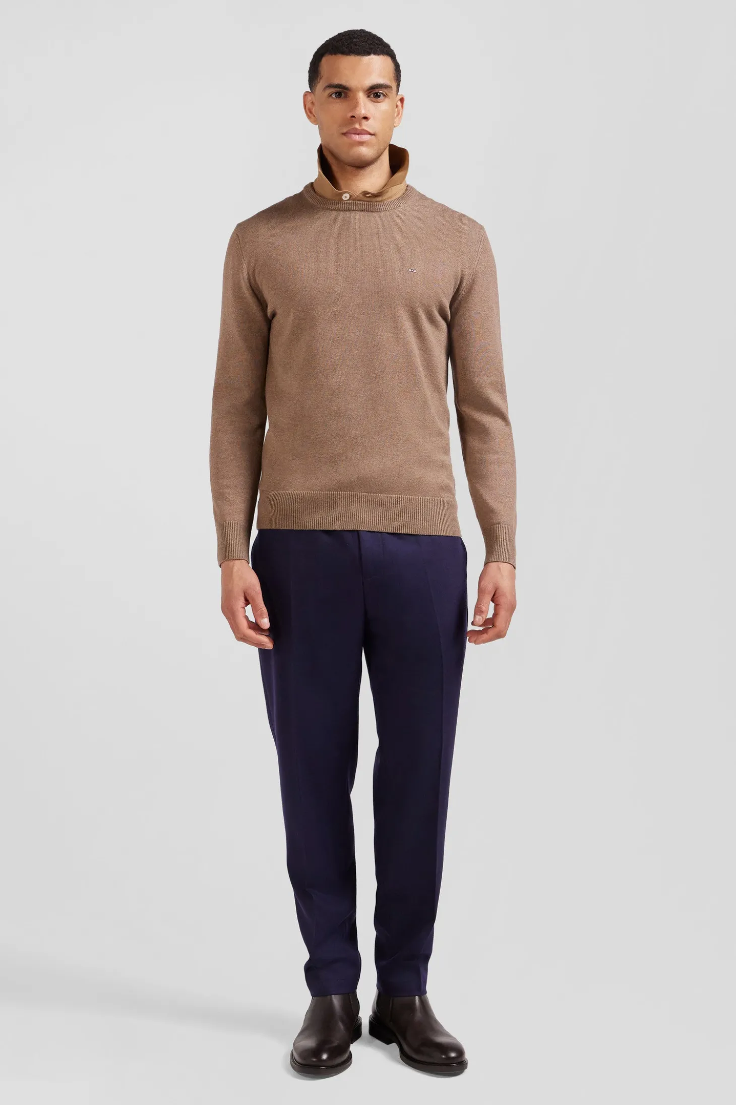 Pull col rond en laine et coton marron coupe Regular