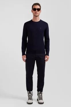 Pull col rond en laine et coton bleu marine coupe Regular