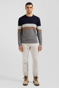 Pull col rond en laine et coton gris à jeux de maille coupe Regular