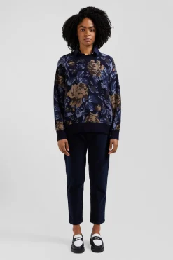 Pull col rond en laine et coton marine à motifs floraux coupe Oversized
