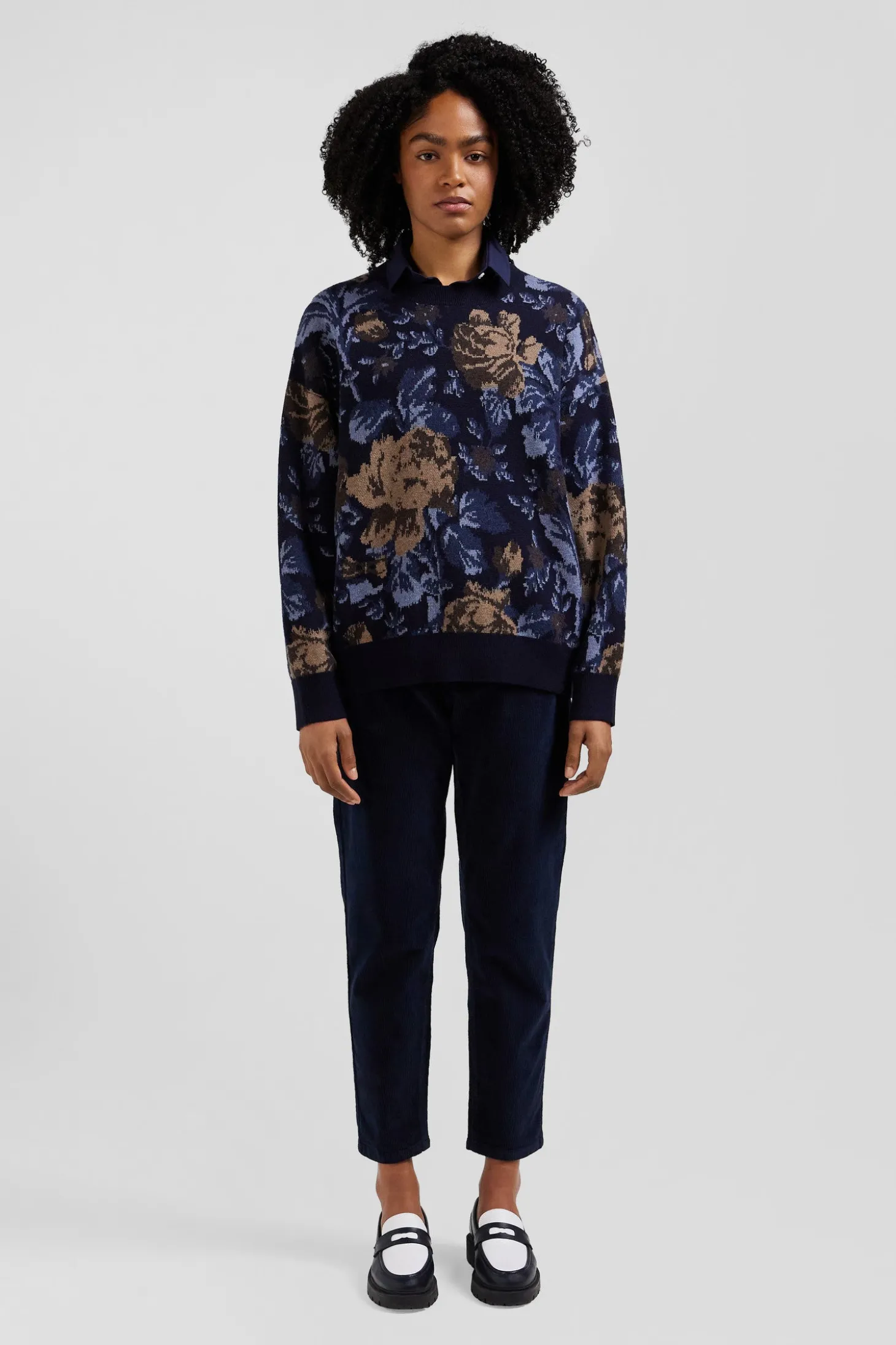 Pull col rond en laine et coton marine à motifs floraux coupe Oversized