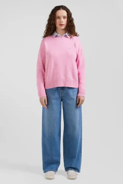 Pull col rond en laine et coton rose coupe Relaxed