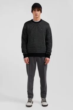 Pull col rond en laine et coton noir coupe Regular