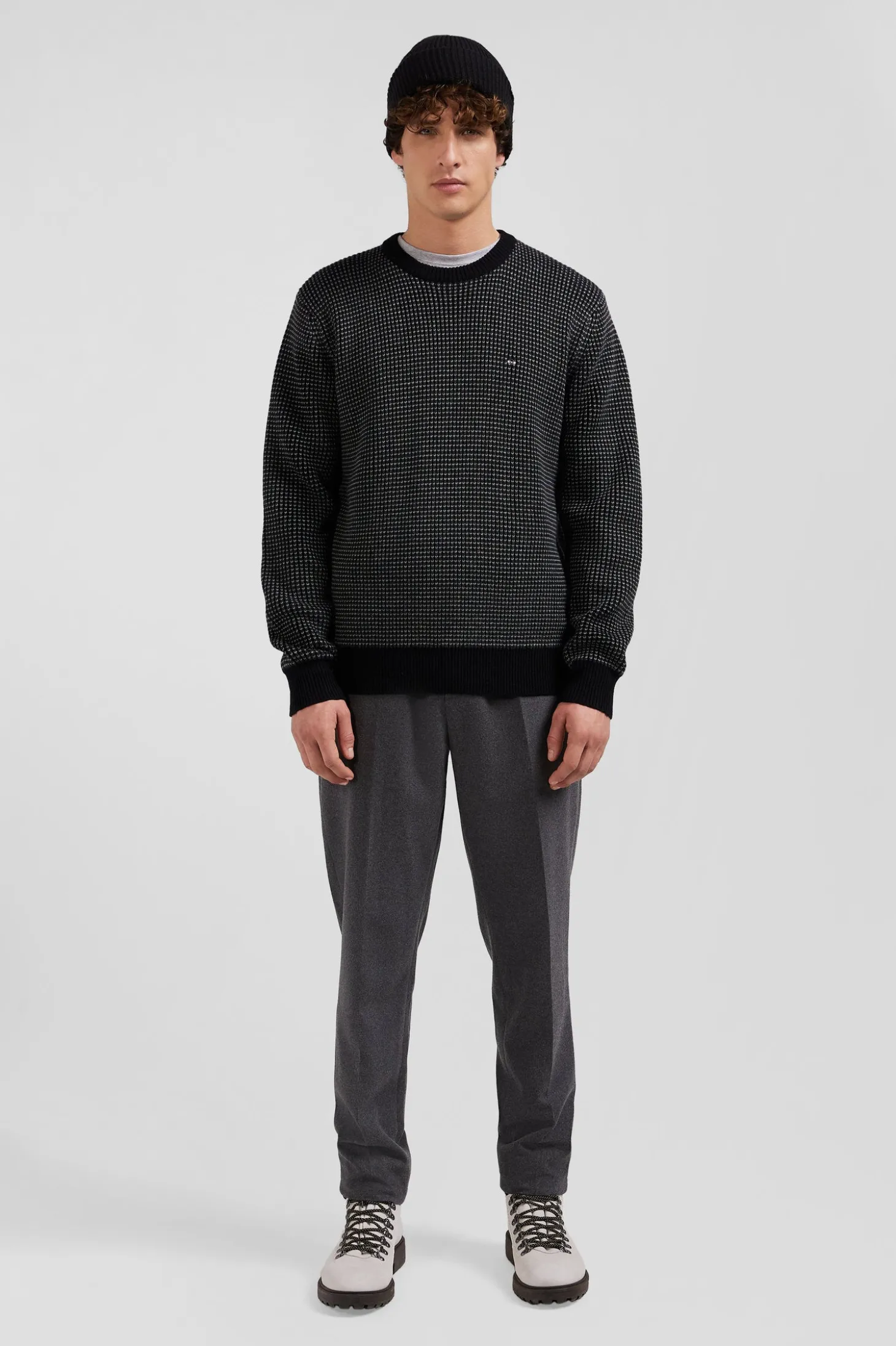 Pull col rond en laine et coton noir coupe Regular