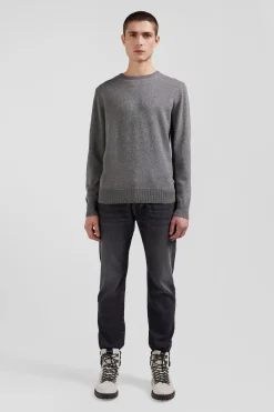 Pull col rond en laine et coton gris clair coupe Regular