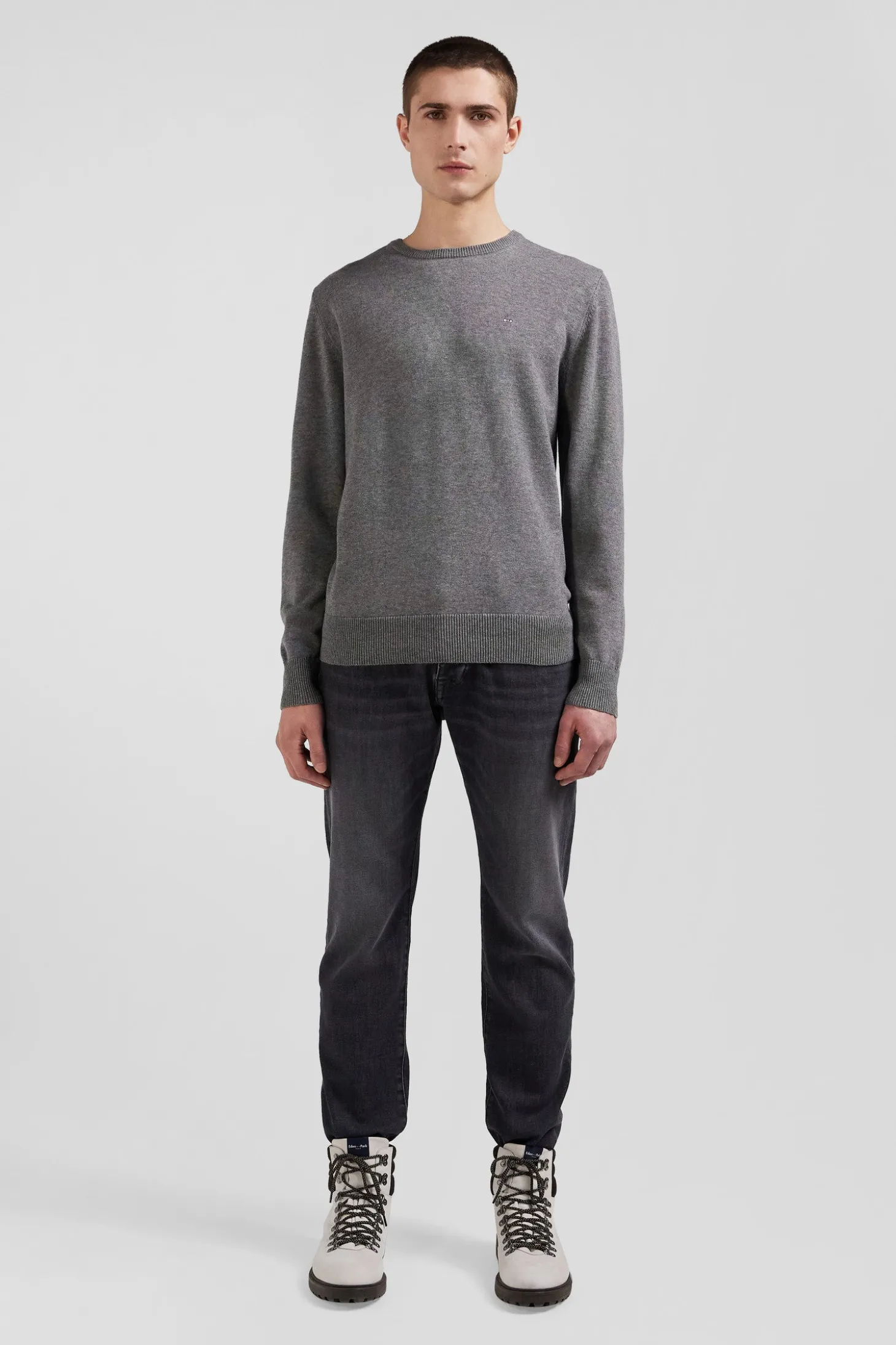 Pull col rond en laine et coton gris clair coupe Regular