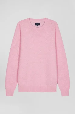 Pull col rond en laine et coton rose coupe Regular effet micro nœud papillon