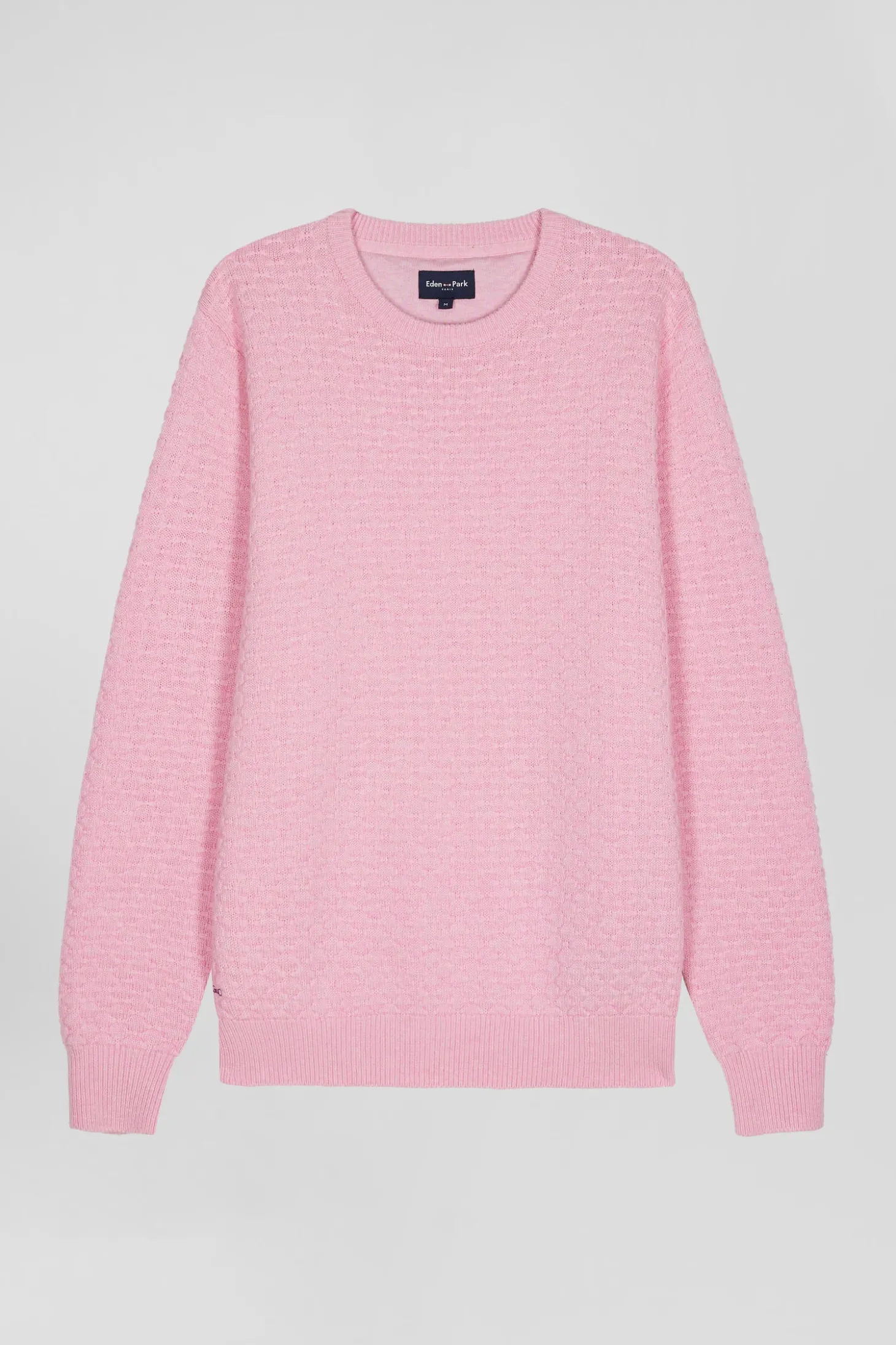 Pull col rond en laine et coton rose coupe Regular effet micro nœud papillon