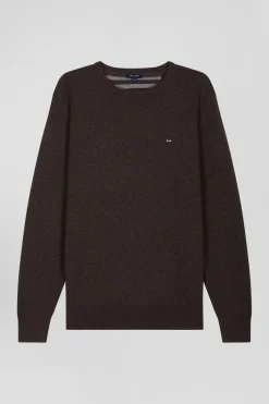 Pull col rond en laine et coton brun coupe Regular