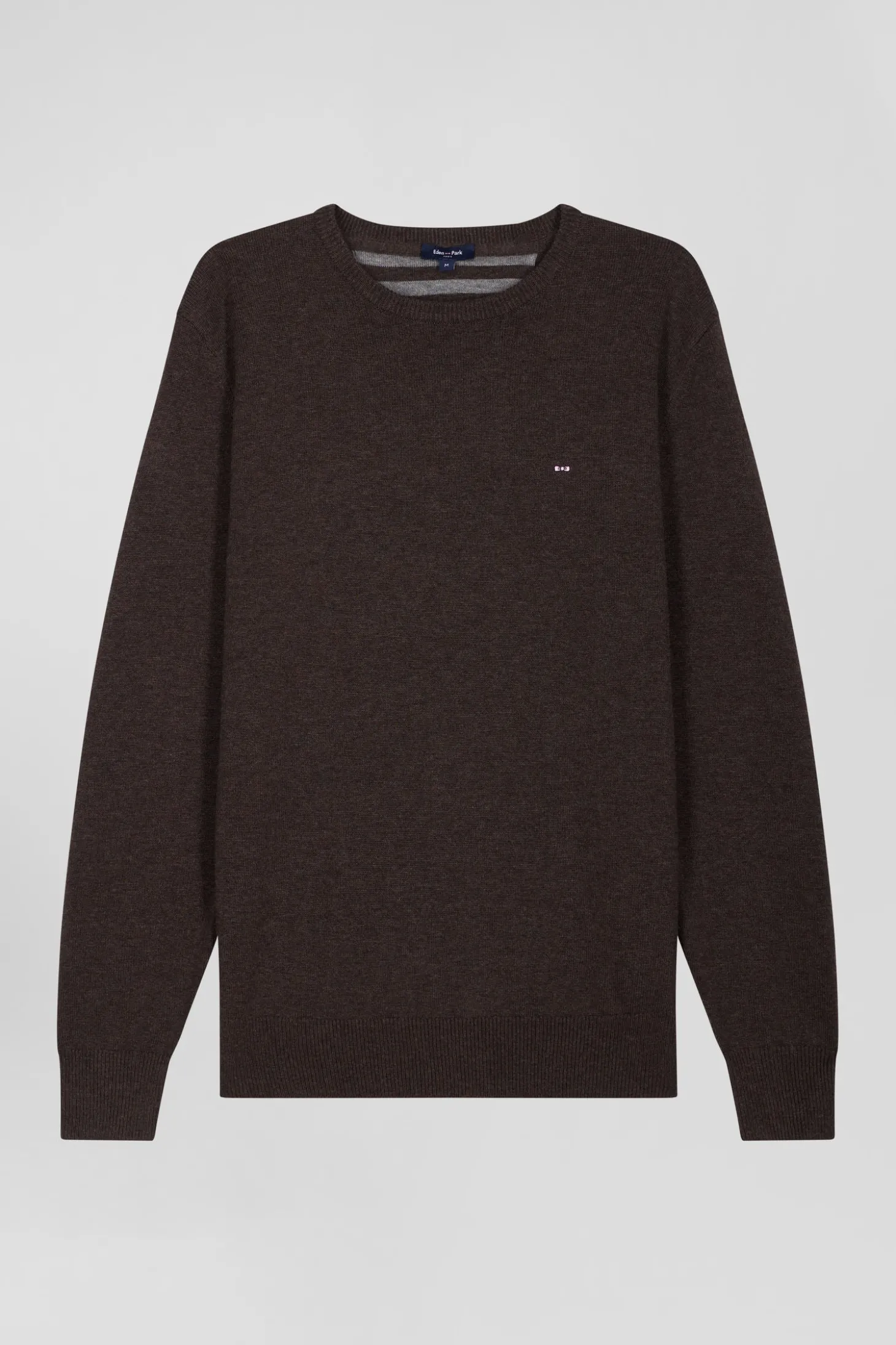 Pull col rond en laine et coton brun coupe Regular