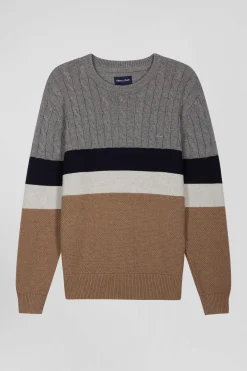 Pull col rond en laine et coton marron à jeux de maille coupe Regular